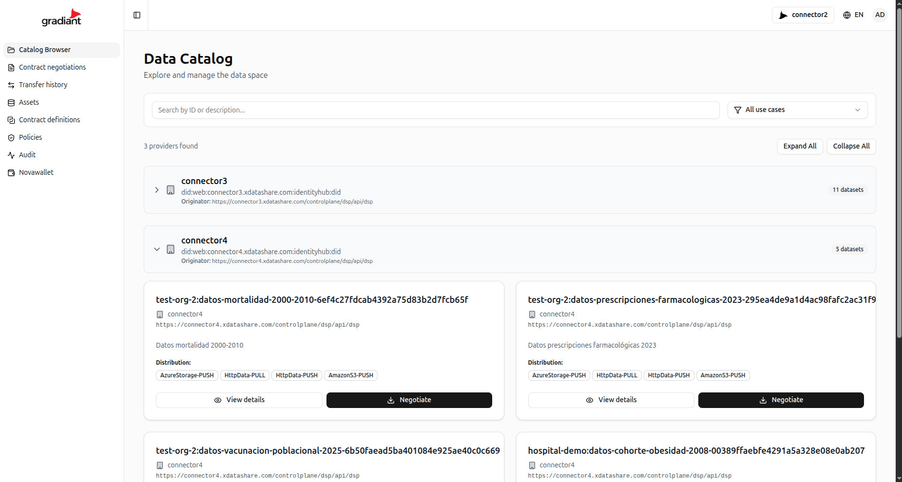 Catálogo de datos del Portal del Participante con proveedores, conjuntos de datos y opciones para negociar
